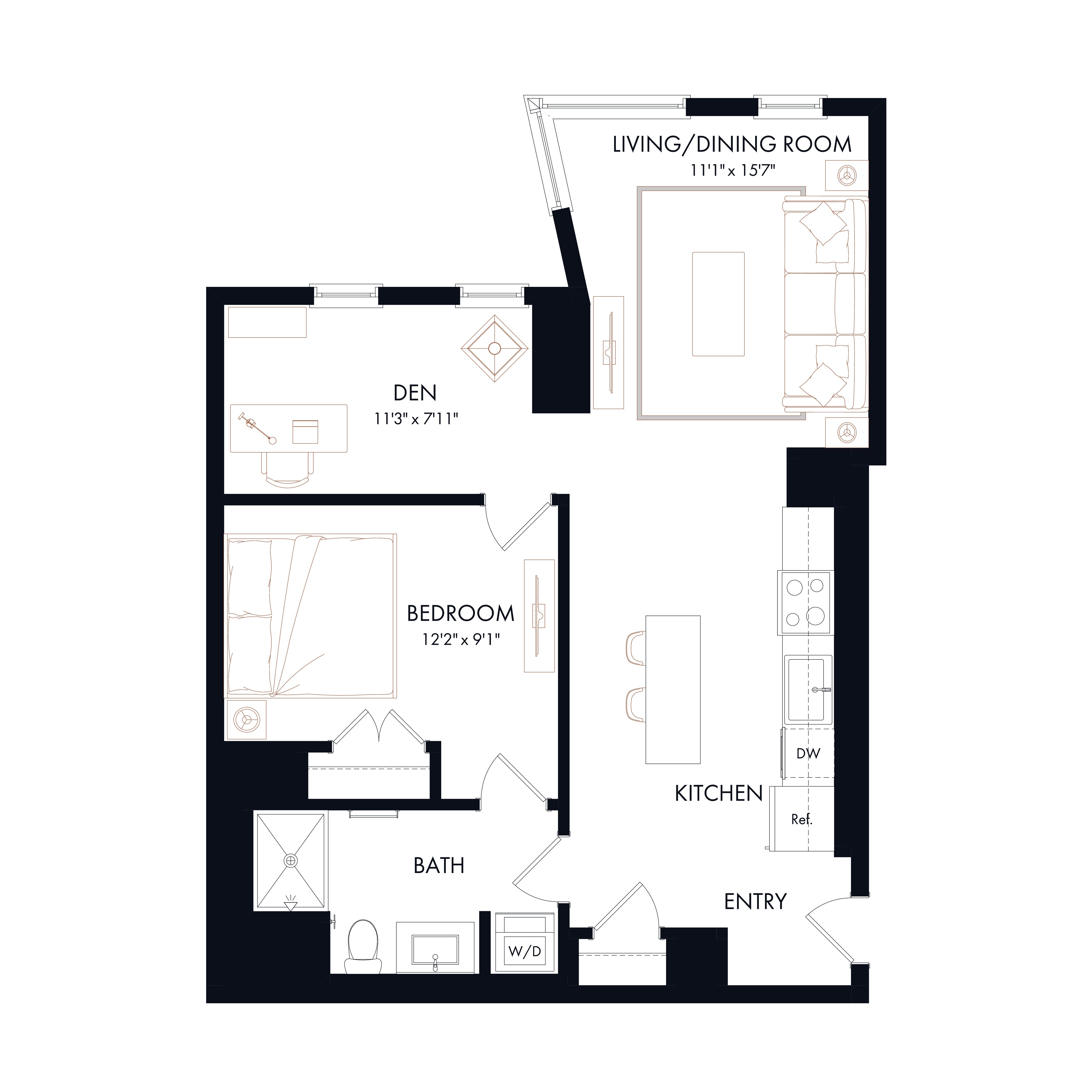 Floor plan layout diagram for AD6 | 1 Bed | 1 Bath | Den